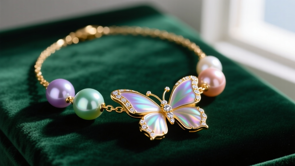 Close-up of 18k gold pearl butterfly necklace on emerald velvet, showing iridescent baroque pearls and diamond wing details.