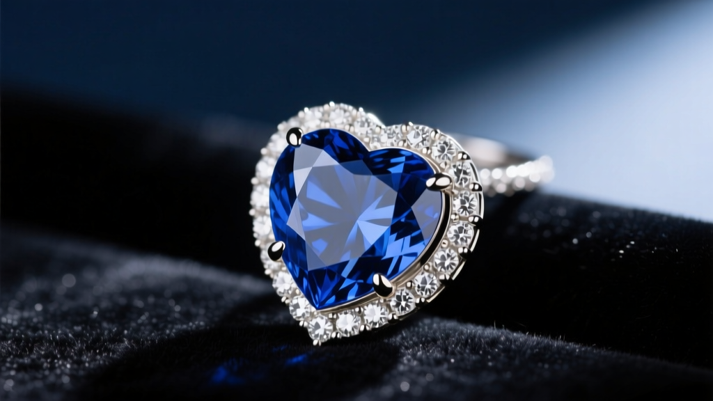 Close-up of a Ceylon sapphire heart pendant with a diamond halo on velvet, showing cornflower blue color and white gold prongs.