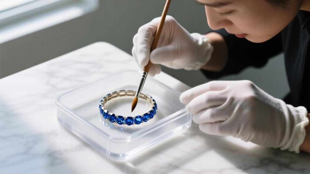 Top-down view of a jeweler using a soft brush to agitate a sapphire bracelet in a specialized plastic jewelry cleaning tray.