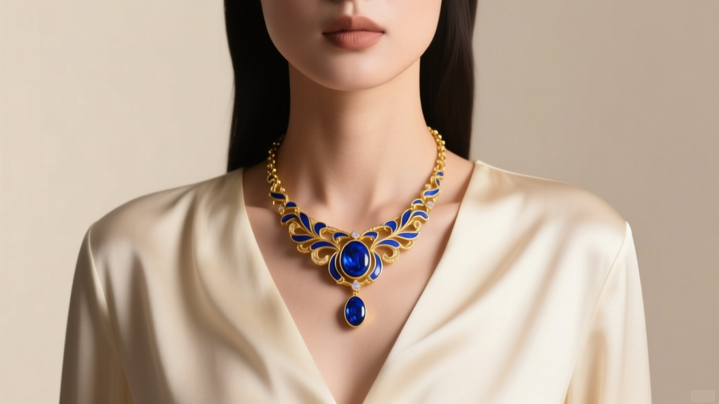 Model wearing an 18k gold and cobalt blue enamel color necklace against a cream silk blouse under soft studio lighting.