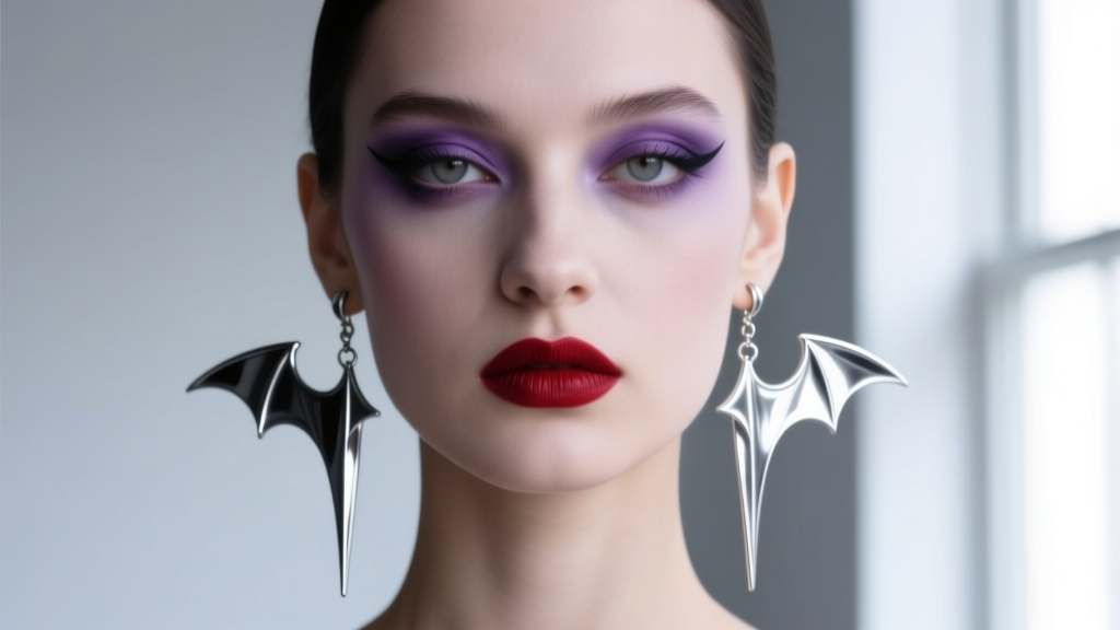 Round face model wearing long silver bat dangle earrings to elongate her jawline, styled with subtle gothic Halloween makeup look