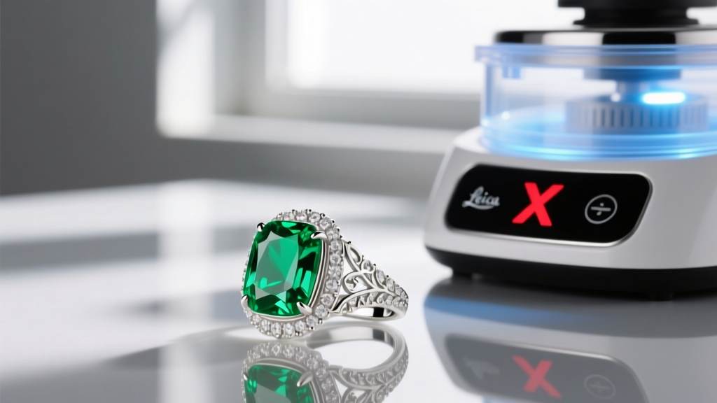 Macro photography of a vibrant green emerald cocktail ring set in white gold, resting beside an ultrasonic cleaner with a red X.