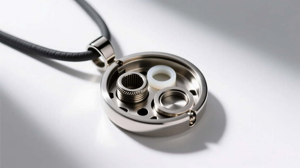 Disassembled steel cremation pendant showing the threaded baffle, silicone O-ring, and ash chamber under bright studio light.