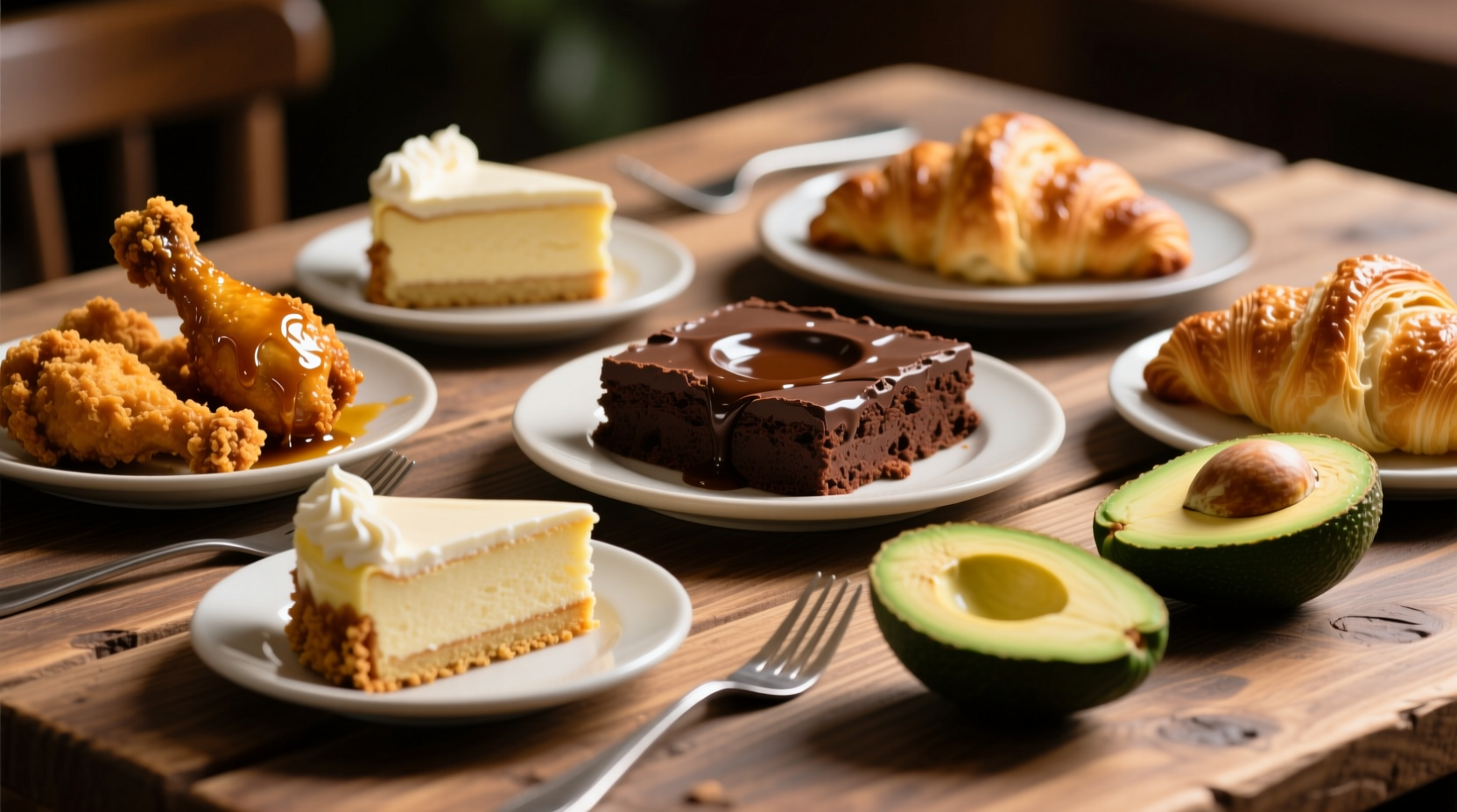 Various high calorie density foods on wooden table