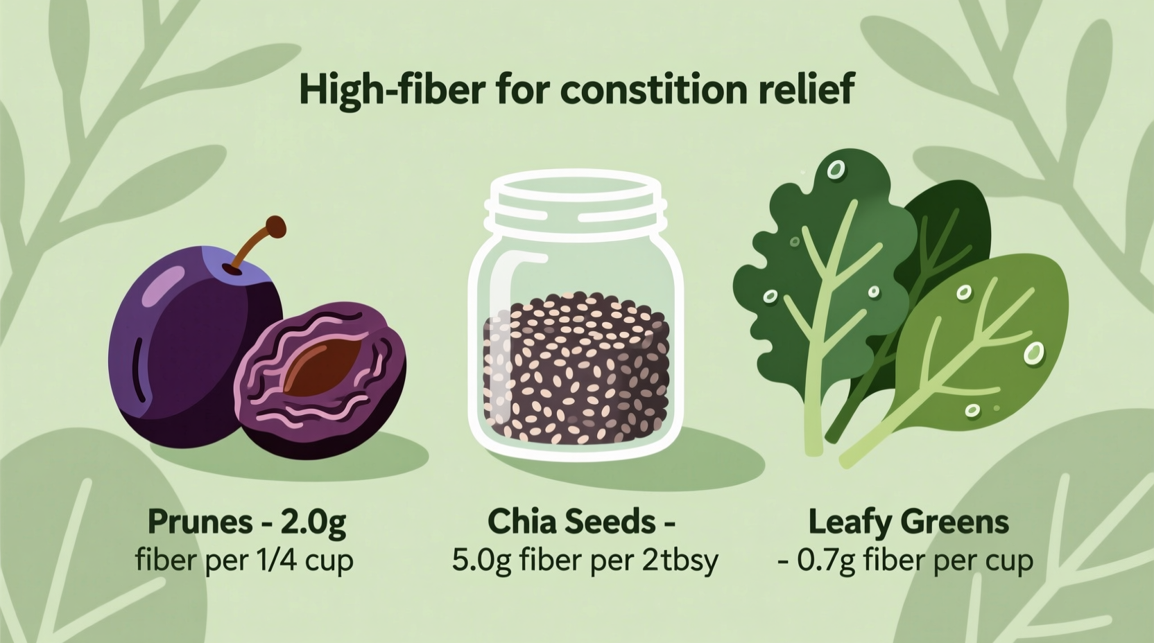 High-fiber foods for constipation relief including prunes, chia seeds, and leafy greens