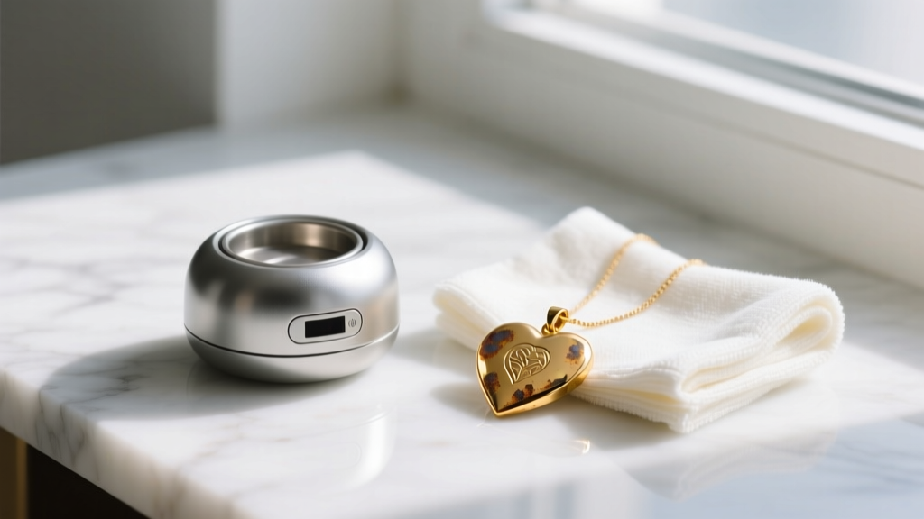 Small ultrasonic jewelry cleaner next to a microfiber polishing cloth and a tarnished gold heart pendant, shot in bright daylight.