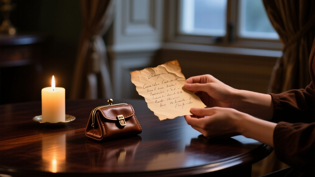 Hands presenting a handwritten note and a small leather jewelry pouch beside a glowing candle on a dark mahogany table at dusk.