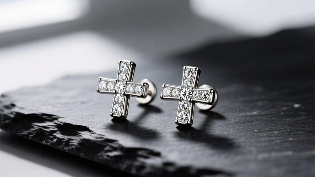 Close-up of 14k white gold diamond cross stud earrings on dark slate, soft lighting highlighting the pave diamond facets and metal