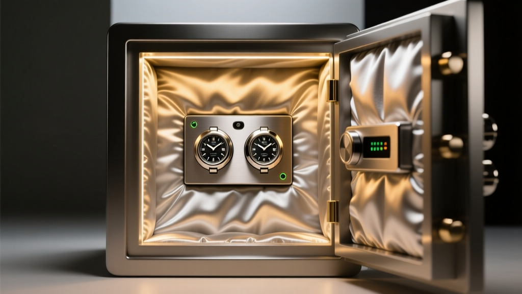 Open luxury safe interior featuring Pacific Silvercloth lining, warm LED lighting, and a dual bi-directional watch winder module.
