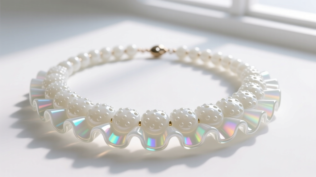 A 1950s vintage milk glass necklace showing distinct hobnail texture and ruffled bead edges under bright natural window lighting.