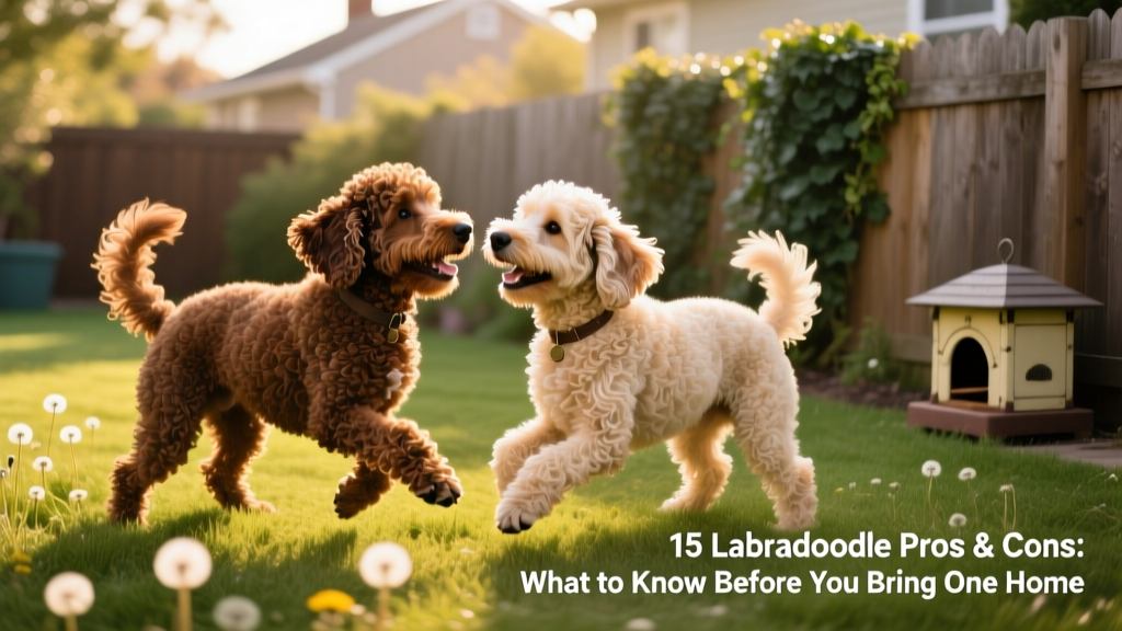 Two Labradoodles playing gently together in a sunlit backyard, showcasing their varied coat textures and joyful body language