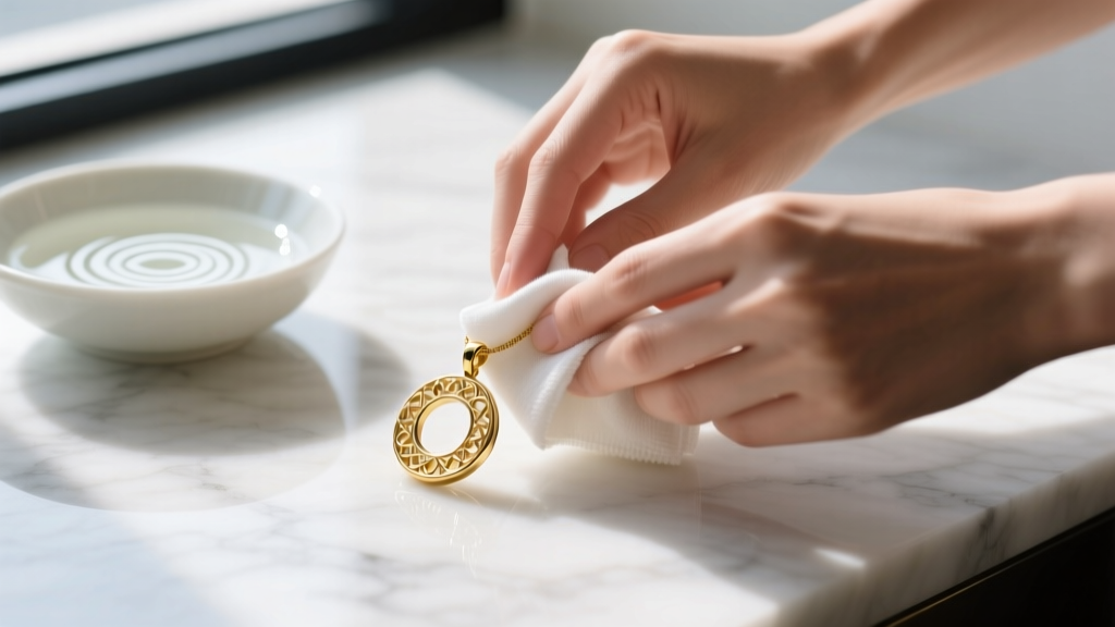 Hands gently wiping a gold plated pendant with a soft microfiber cloth next to a bowl of mild soapy water on a marble surface