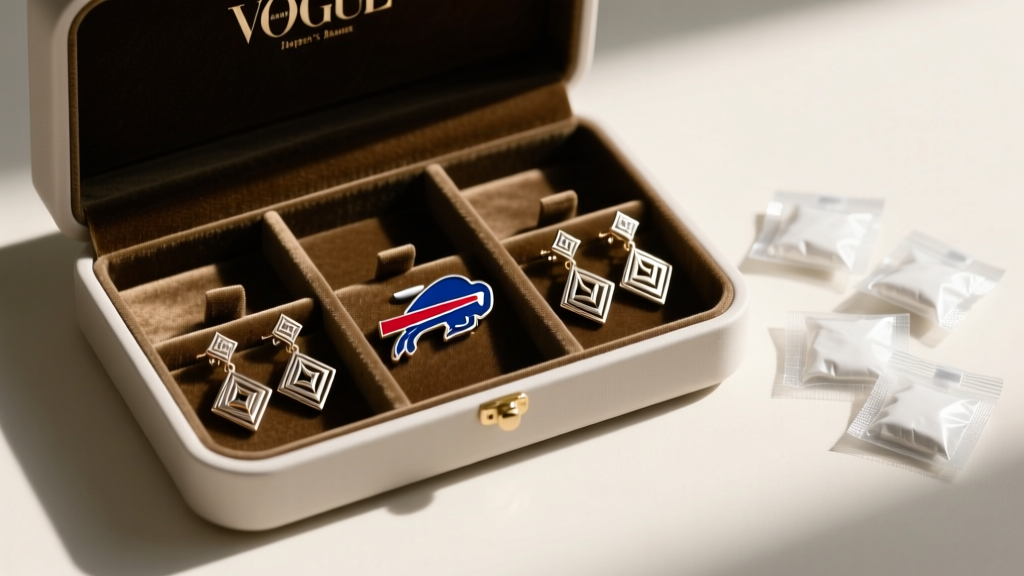Jewelry box displaying Buffalo Bills earrings in separate velvet compartments next to silica gel packets for moisture control
