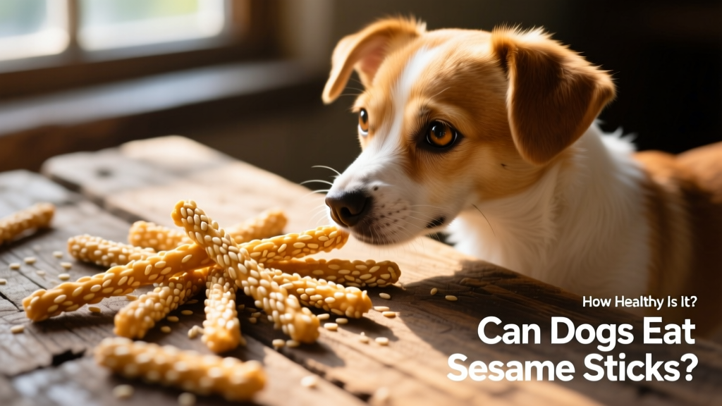 A close-up of golden sesame sticks scattered on a wooden surface beside a small dog looking interested