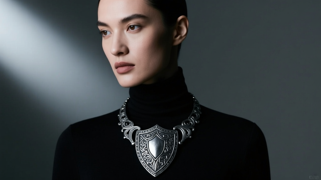 Editorial shot of a model wearing an oxidized sterling silver shield necklace over a black turtleneck, moody studio lighting