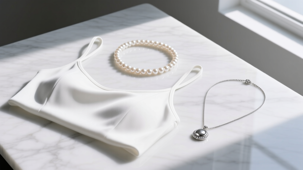 Flat lay of a white halter top, 14-inch pearl choker, and 18-inch silver pendant necklace arranged on a bright marble surface
