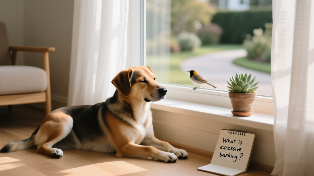 A calm dog resting quietly indoors beside a window