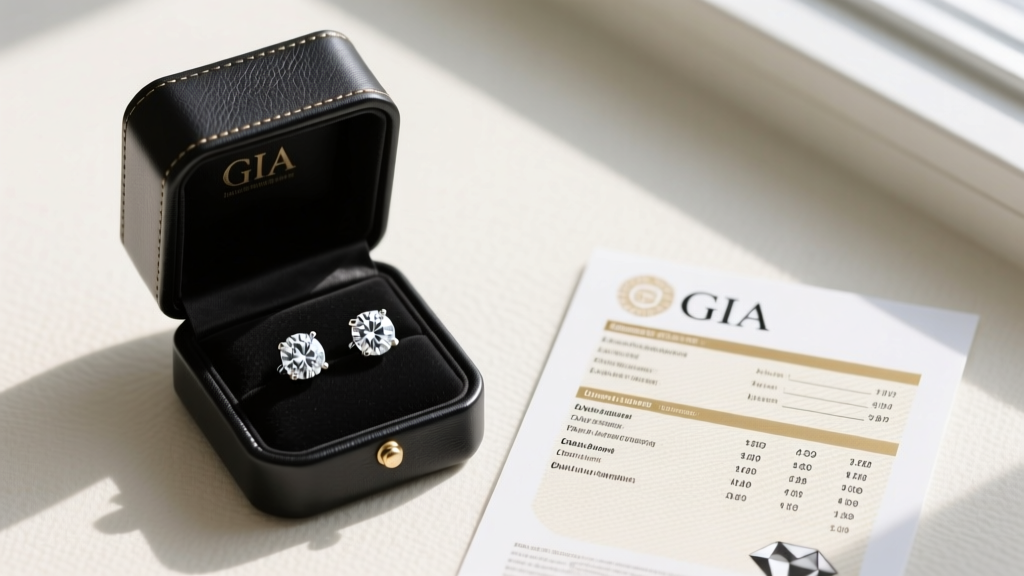 Overhead flat lay of a diamond grading report beside half-carat lab-grown earrings resting in a sleek black leather jewelry box.