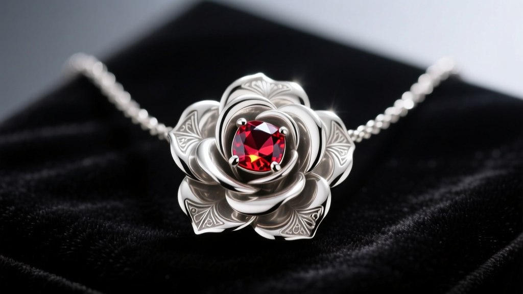 Sterling silver Beauty and the Beast rose necklace on dark velvet, highlighting intricate metal petals and a glowing ruby accent.