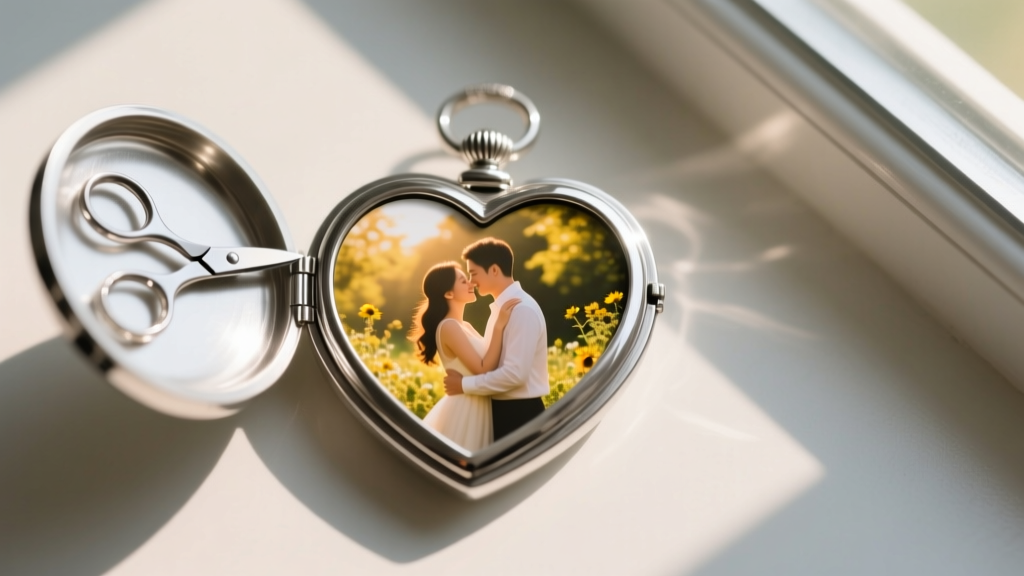 Overhead view of a heart-shaped photo trimmed with curved scissors to fit perfectly inside an open sterling silver locket frame.