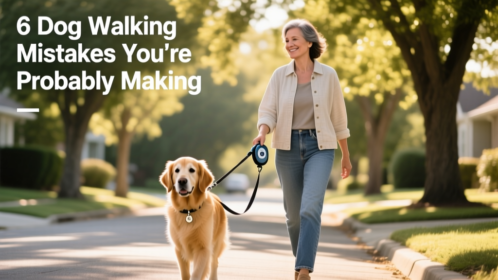 A person walking a calm, attentive dog on a six-foot leash in a leafy neighborhood