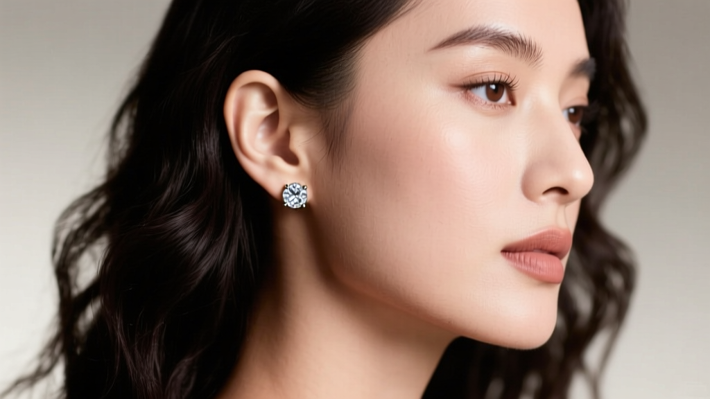 Side profile of a woman wearing small Coach crystal stud earrings, showing how the 4mm size sits perfectly on a standard earlobe.
