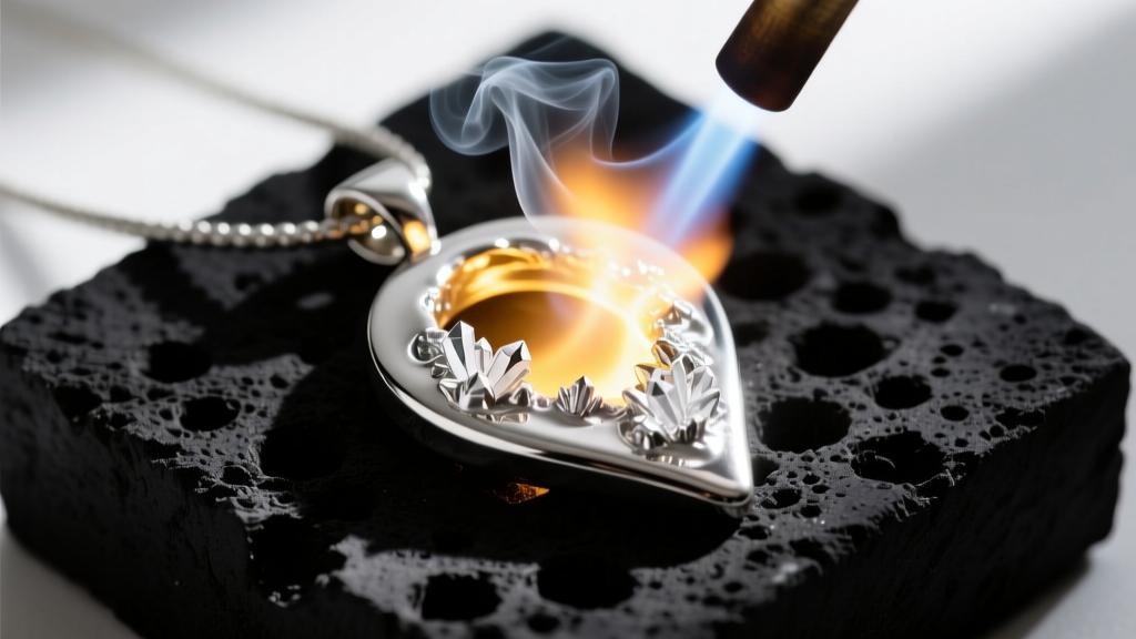 Glowing silver metal clay pendant being torch-fired on a carbon block, showing the binder burning off to reveal pure silver