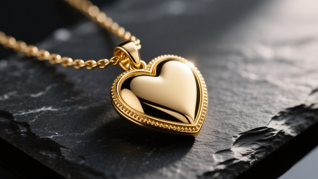 Macro shot of a gold-plated brass heart pendant necklace on dark slate, highlighting the polished bezel edge and cable chain.