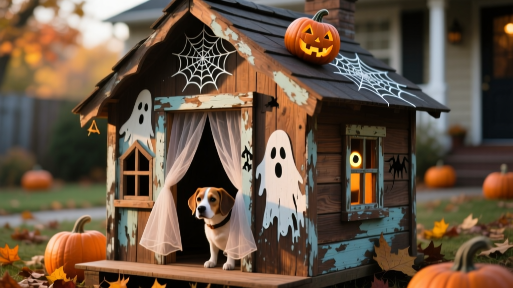 Close-up of finished haunted dog house with tulle curtain, painted details, and subtle Halloween accents