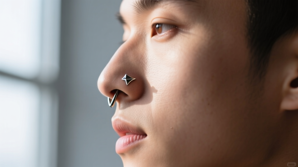 Side profile showing an 18-gauge titanium flat-back labret in a nostril, highlighting proper post length and clean, healthy skin.