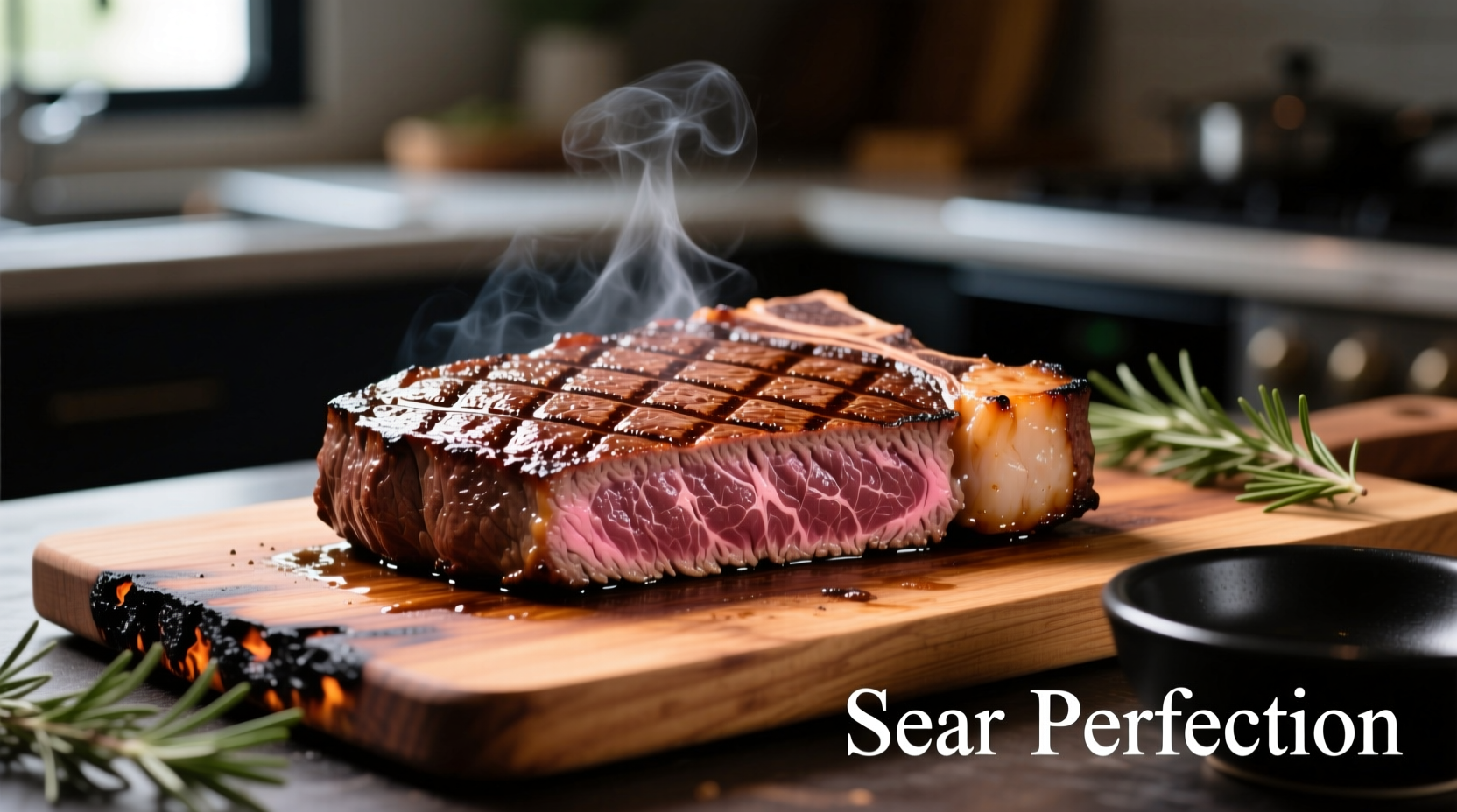 Perfectly seared New York strip steak with grill marks