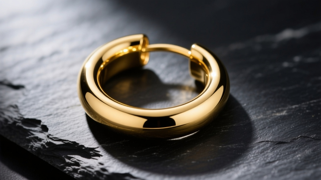 Close-up of a thick 14k yellow gold hoop earring, 15mm diameter and 4mm width, highly polished, resting on dark slate.