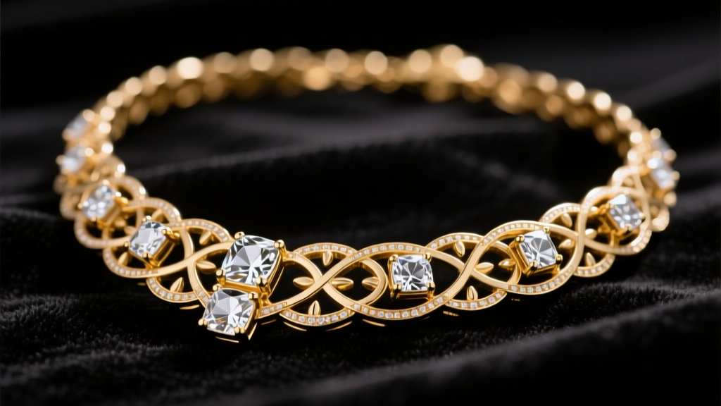 Close-up of a tarnished brass-based gold-plated fashion necklace with glued-in cubic zirconia stones resting on dark velvet.