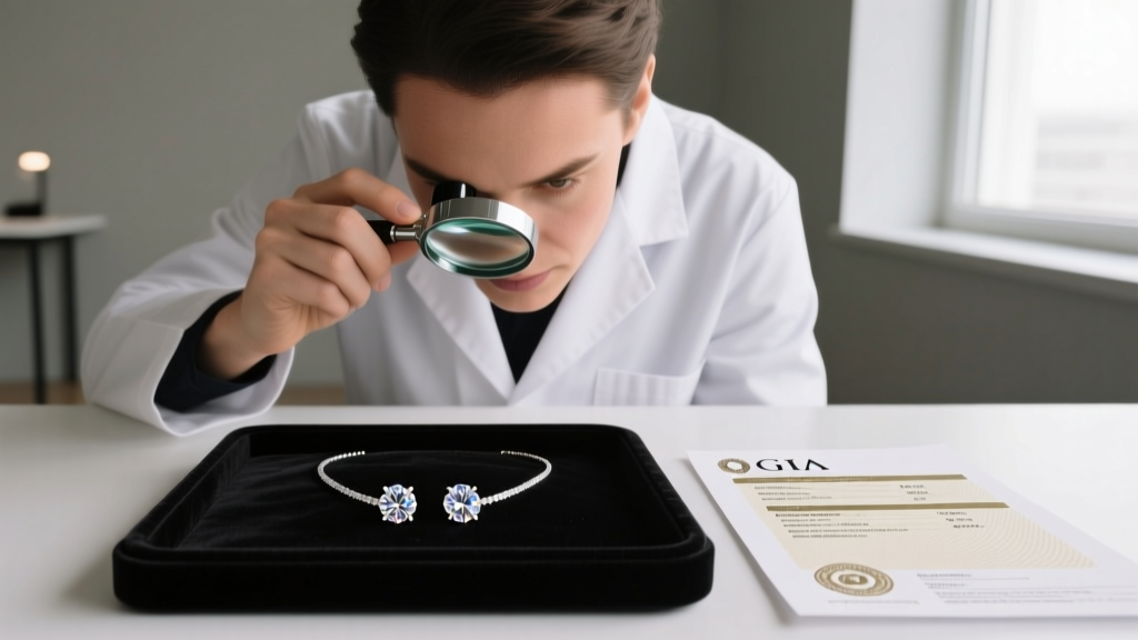 Jeweler using a loupe to inspect a two diamond necklace next to a GIA report, checking the clarity and color grades of the stones