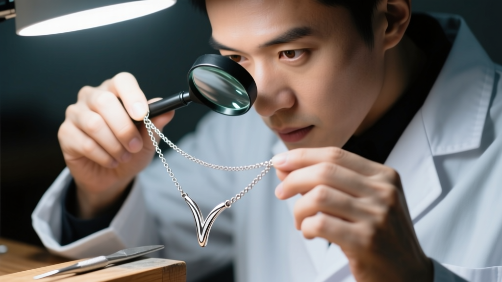 Jeweler using a loupe to inspect the soldered jump ring on a sterling silver Y necklace chain under bright bench lighting