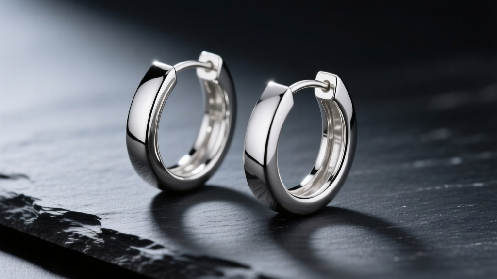Close-up of 925 sterling silver medium hoop earrings resting on dark slate, illuminated by soft directional studio lighting.
