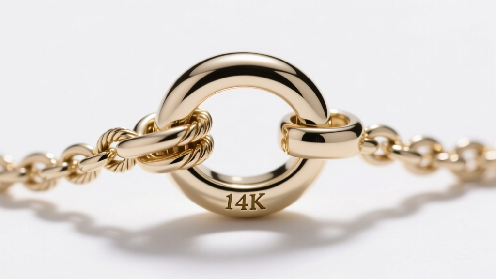Detailed view of a 14k white gold rope chain clasp and pendant bail, showcasing the spring ring mechanism and hallmark stamp in bright light