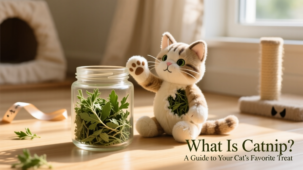 Small glass jar filled with dried green catnip leaves next to a plush toy partially stuffed with the same herb