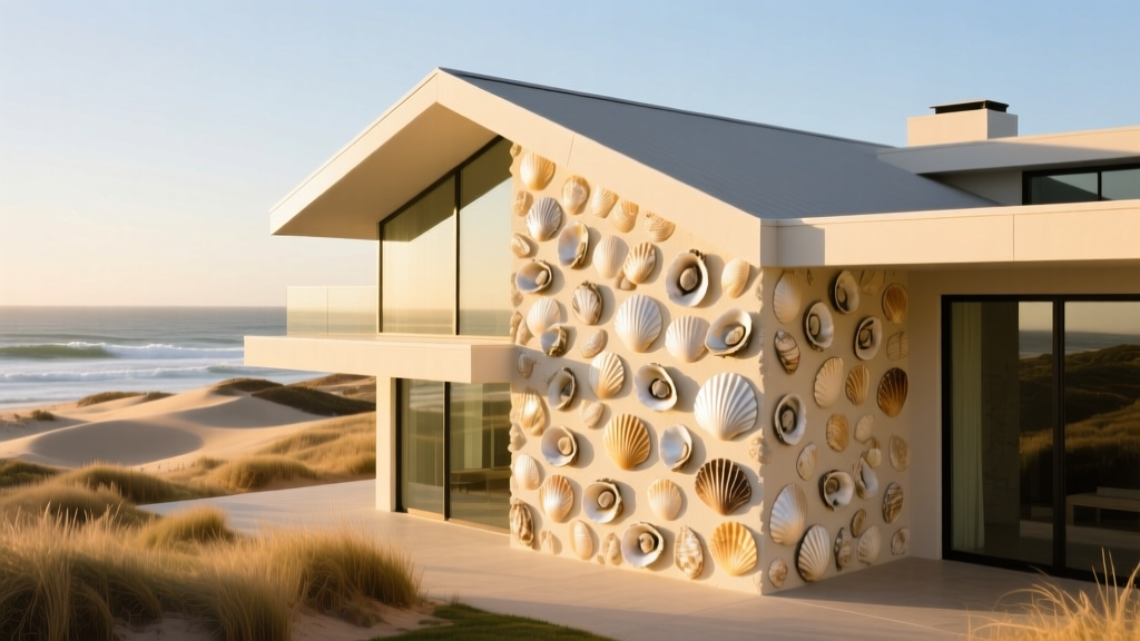 Modern coastal home exterior featuring decorative tabby shellcrete veneer with exposed oyster shells and warm lime matrix