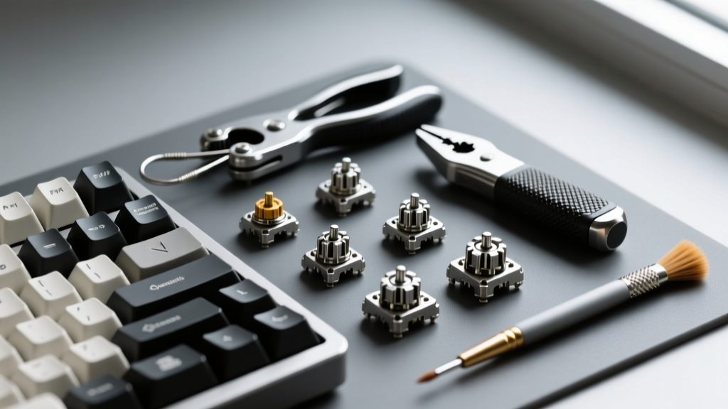 Custom mechanical keyboard parts on anti-static mat alongside wire keycap pullers, metal switch openers, and small synthetic lube brushes.