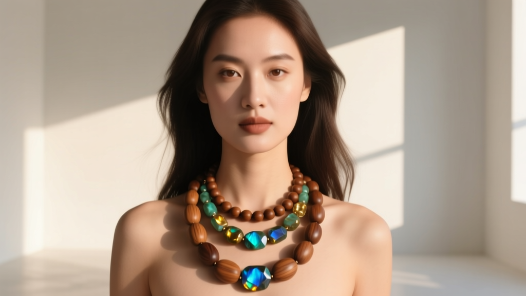 A woman wearing a 30-inch matte wooden bead necklace layered with a 16-inch strand of heavy, faceted labradorite gemstone beads.