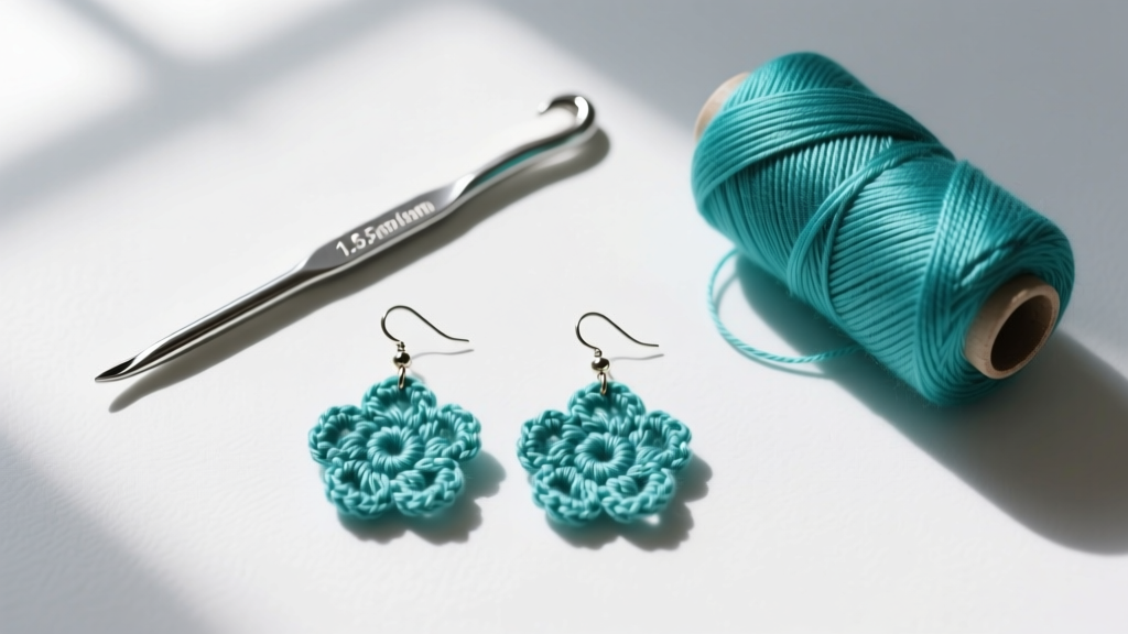 Overhead flat lay of a 1.5mm steel crochet hook, teal size 10 cotton thread, and two finished floral crochet dangle earrings