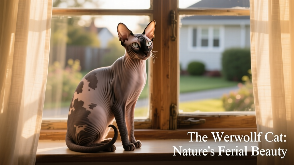 An adult Lykoi cat sitting calmly on a sunlit windowsill, showcasing its lean build and distinctive coat texture
