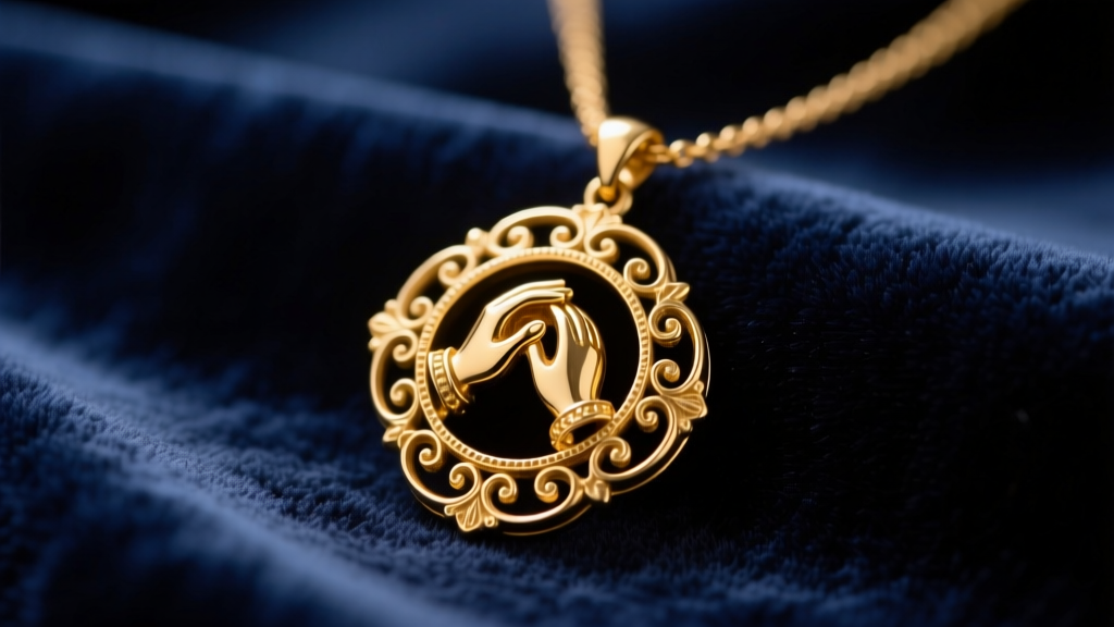 Macro shot of an antique 15k gold Victorian hand necklace pendant showing a clasped hands Fede motif resting on dark navy velvet.