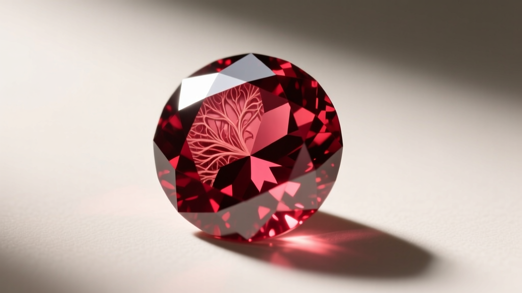 Macro photography of a faceted ruby gemstone showing internal silk inclusions, illuminated by a targeted gemological light source