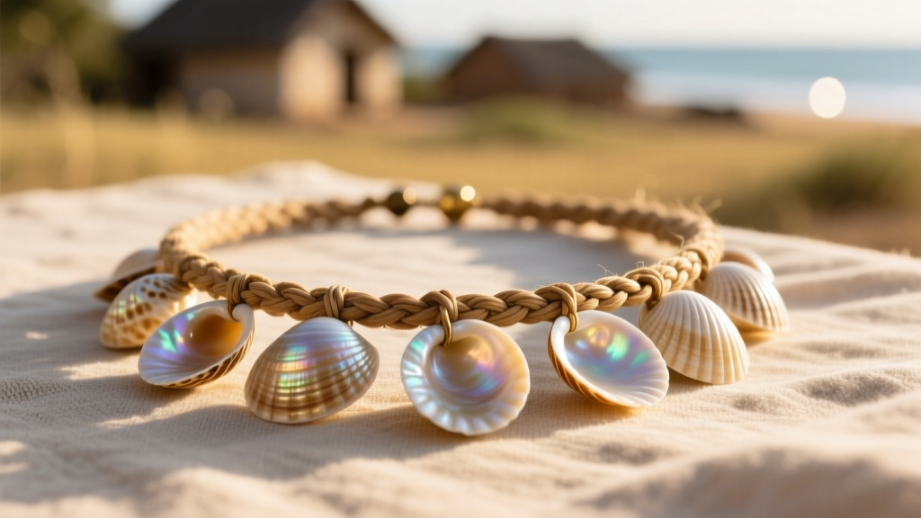 African cowrie shell necklace on woven raffia, warm sunlight highlighting the glossy enamel finish of the organic marine shells.
