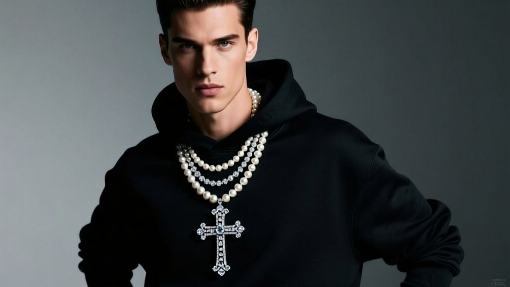 Male model wearing layered baroque pearl necklace with diamond cross pendant over a black streetwear hoodie, moody studio lighting.