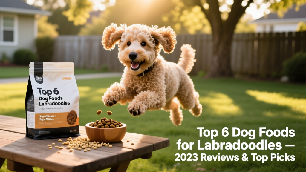 A happy, healthy Labradoodle playing outdoors with a bowl of kibble nearby