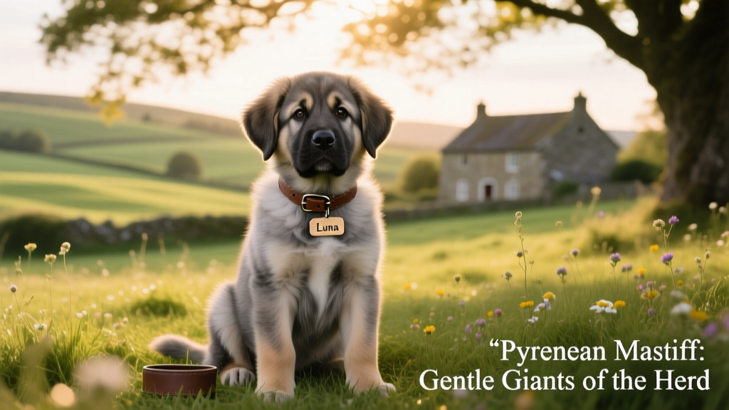 A young Pyrenean Mastiff puppy sitting attentively on soft grass during a training session