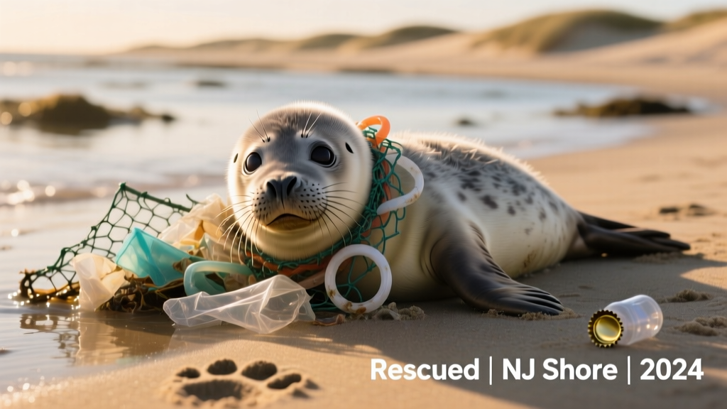 A seal pup lying on sand with plastic debris visibly tangled around its neck